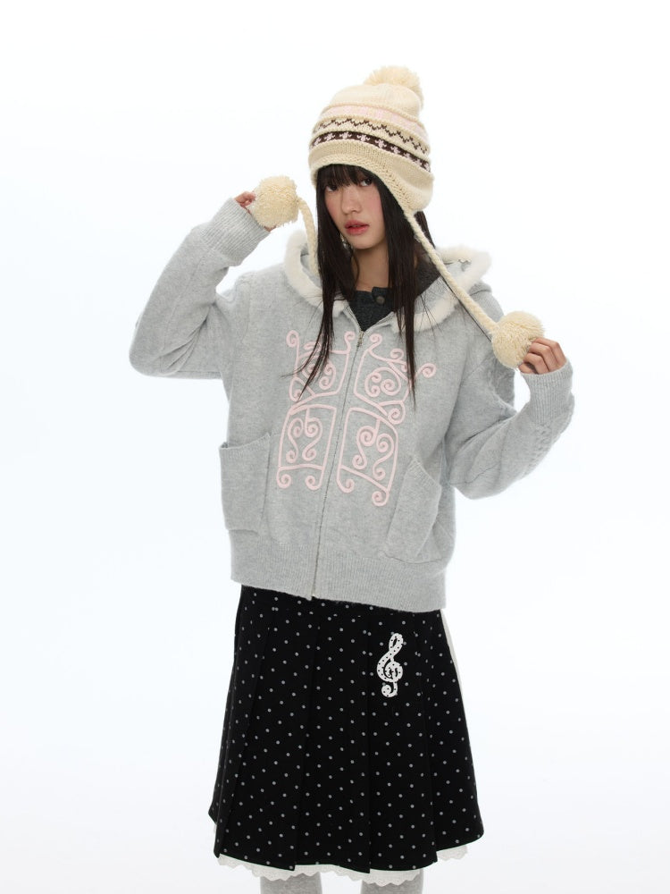 Rope Window Embroidered Hooded Fur Collar Knit Sweater Jacket【s0000019057】