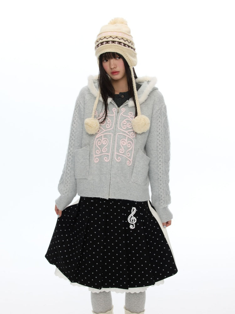 Rope Window Embroidered Hooded Fur Collar Knit Sweater Jacket【s0000019057】
