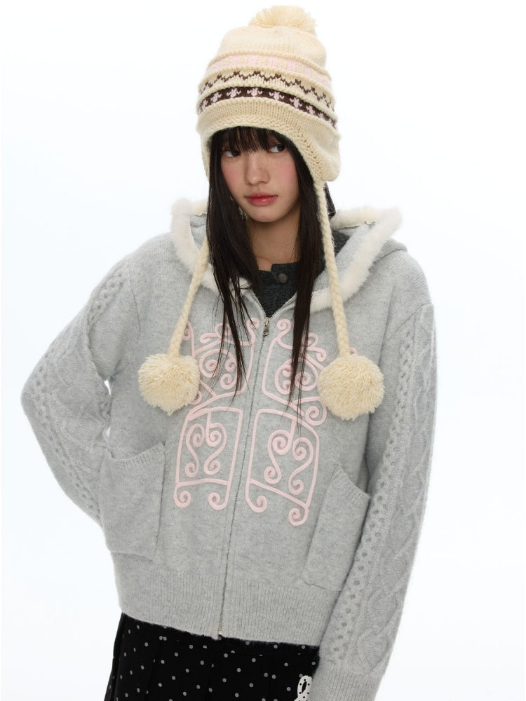 Rope Window Embroidered Hooded Fur Collar Knit Sweater Jacket【s0000019057】