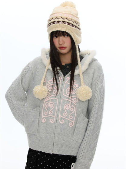 Rope Window Embroidered Hooded Fur Collar Knit Sweater Jacket【s0000019057】
