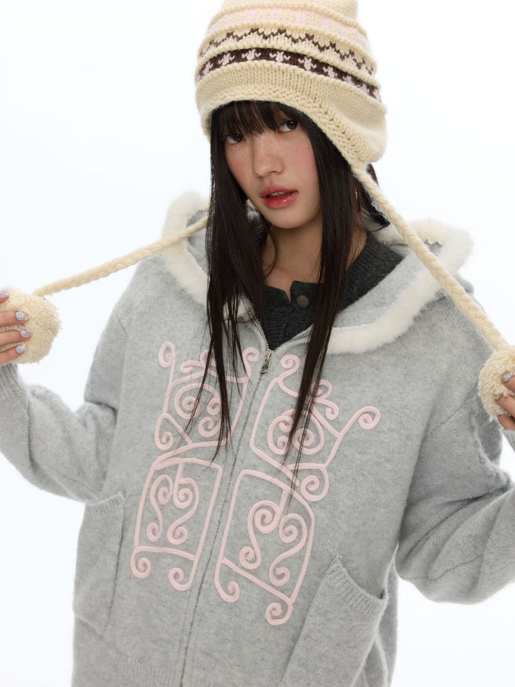Rope Window Embroidered Hooded Fur Collar Knit Sweater Jacket【s0000019057】