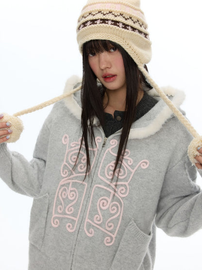 Rope Window Embroidered Hooded Fur Collar Knit Sweater Jacket【s0000019057】