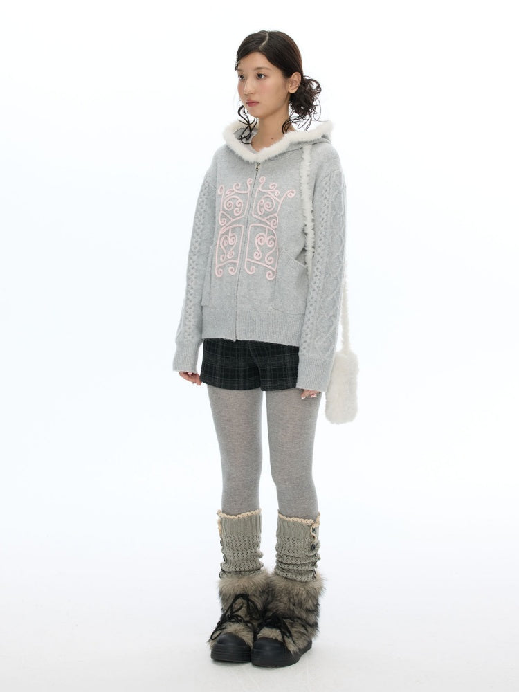 Rope Window Embroidered Hooded Fur Collar Knit Sweater Jacket【s0000019057】