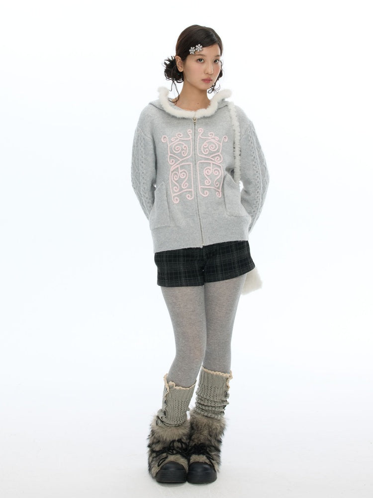 Rope Window Embroidered Hooded Fur Collar Knit Sweater Jacket【s0000019057】