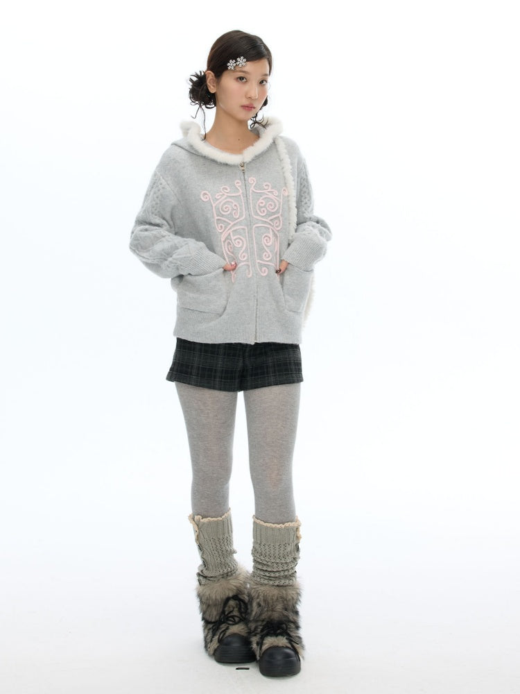 Rope Window Embroidered Hooded Fur Collar Knit Sweater Jacket【s0000019057】