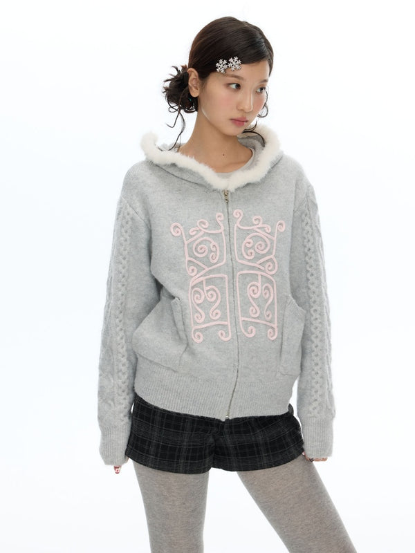 Rope Window Embroidered Hooded Fur Collar Knit Sweater Jacket【s0000019057】