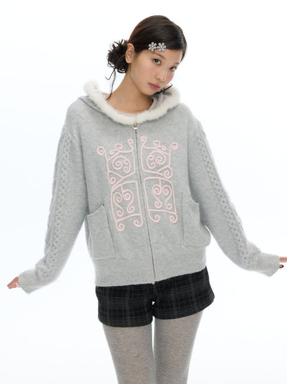 Rope Window Embroidered Hooded Fur Collar Knit Sweater Jacket【s0000019057】