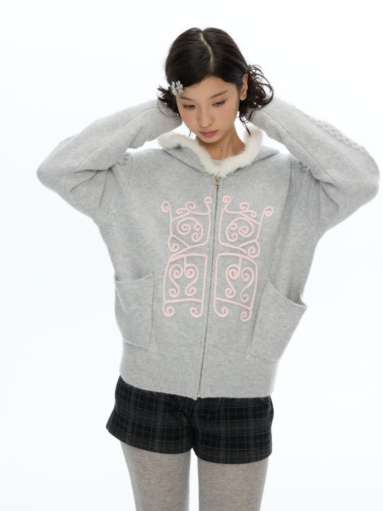 Rope Window Embroidered Hooded Fur Collar Knit Sweater Jacket【s0000019057】