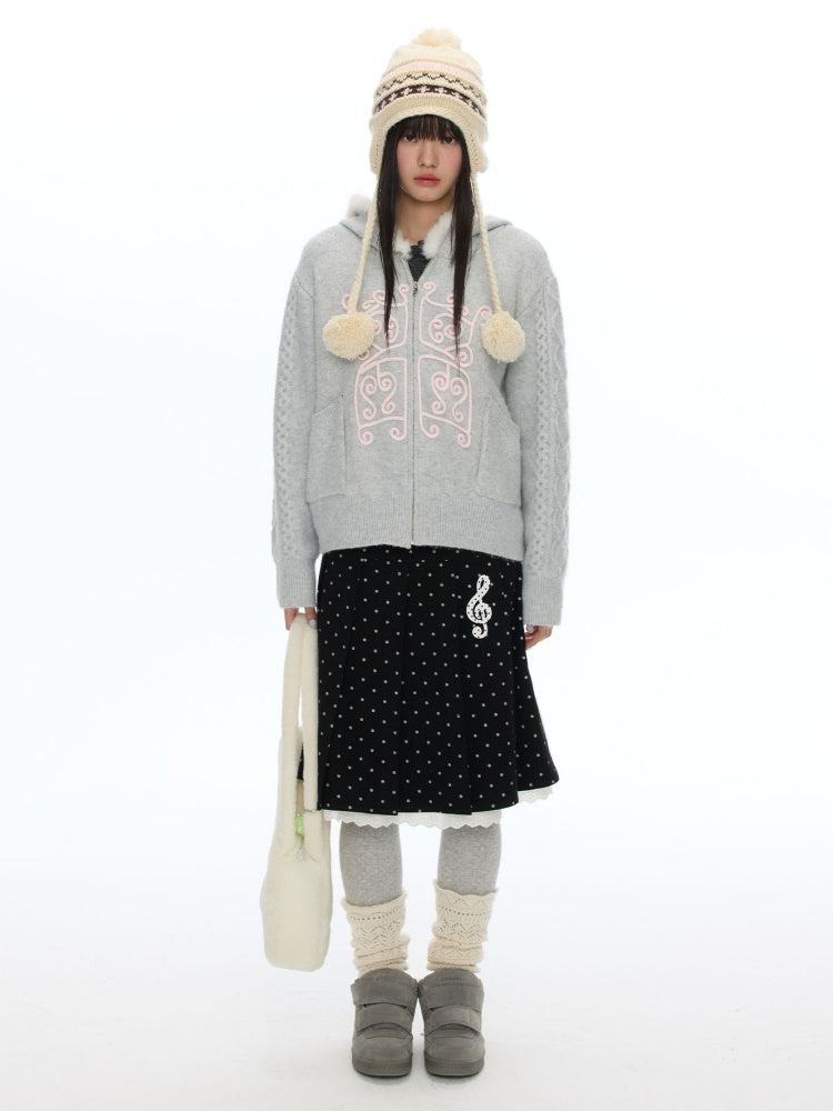 Rope Window Embroidered Hooded Fur Collar Knit Sweater Jacket【s0000019057】