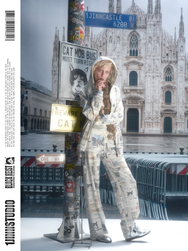 Cat Newspaper Full Print Waffle Ruffle Hem Long Sleeve Dress【s0000019020】