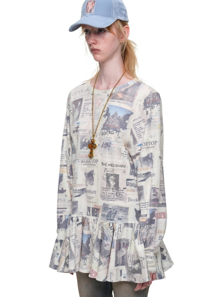Cat Newspaper Full Print Waffle Ruffle Hem Long Sleeve Dress【s0000019020】