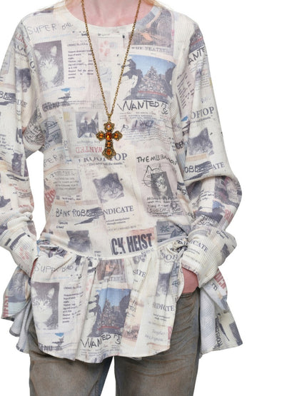Cat Newspaper Full Print Waffle Ruffle Hem Long Sleeve Dress【s0000019020】