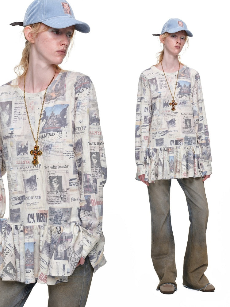 Cat Newspaper Full Print Waffle Ruffle Hem Long Sleeve Dress【s0000019020】