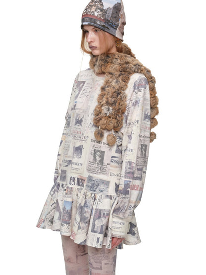 Cat Newspaper Full Print Waffle Ruffle Hem Long Sleeve Dress【s0000019020】