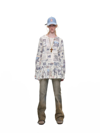 Cat Newspaper Full Print Waffle Ruffle Hem Long Sleeve Dress【s0000019020】