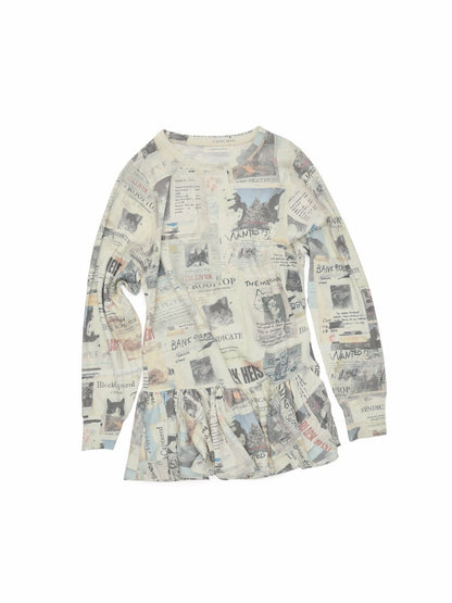 Cat Newspaper Full Print Waffle Ruffle Hem Long Sleeve Dress【s0000019020】