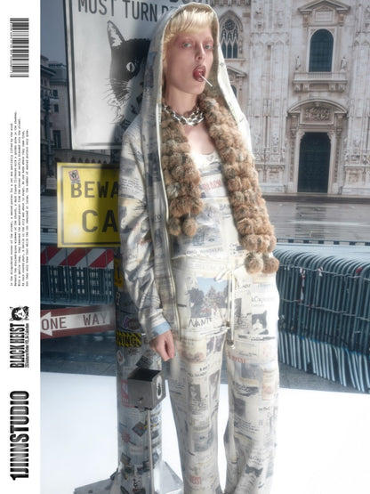 Cat Newspaper Full Print Waffle Ruffle Hem Long Sleeve Dress【s0000019020】