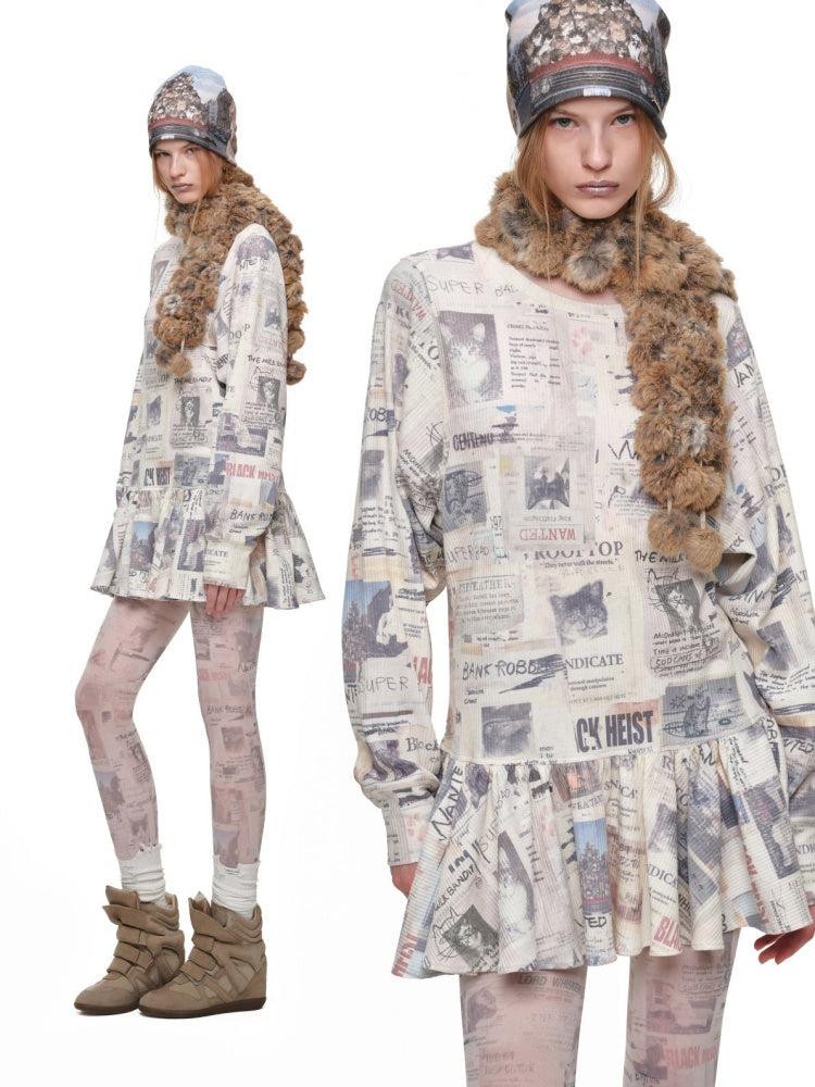 Cat Newspaper Full Print Waffle Ruffle Hem Long Sleeve Dress【s0000019020】