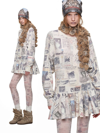 Cat Newspaper Full Print Waffle Ruffle Hem Long Sleeve Dress【s0000019020】