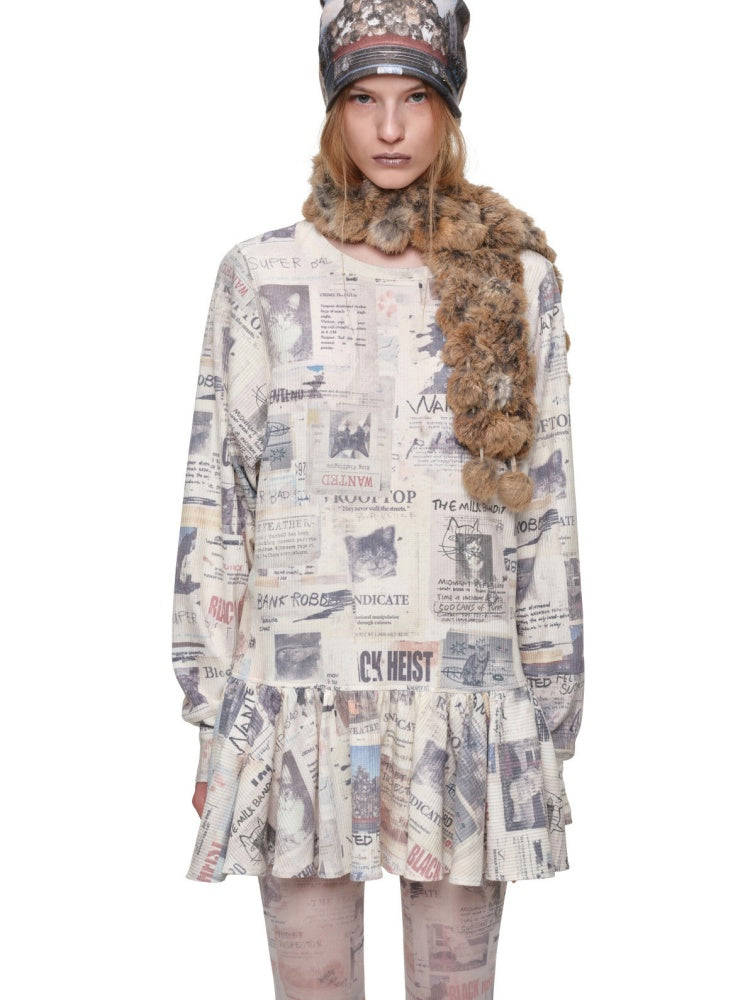 Cat Newspaper Full Print Waffle Ruffle Hem Long Sleeve Dress【s0000019020】