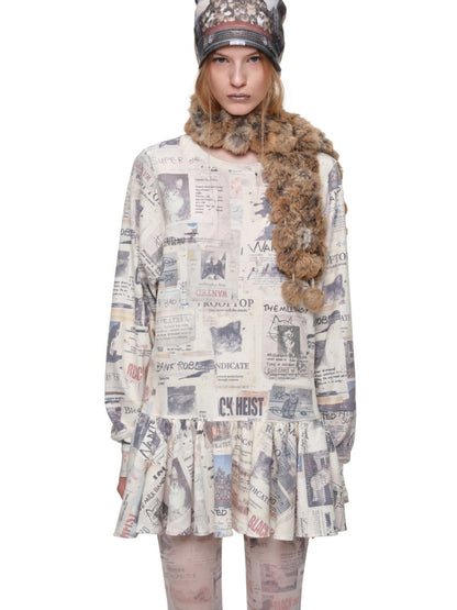 Cat Newspaper Full Print Waffle Ruffle Hem Long Sleeve Dress【s0000019020】
