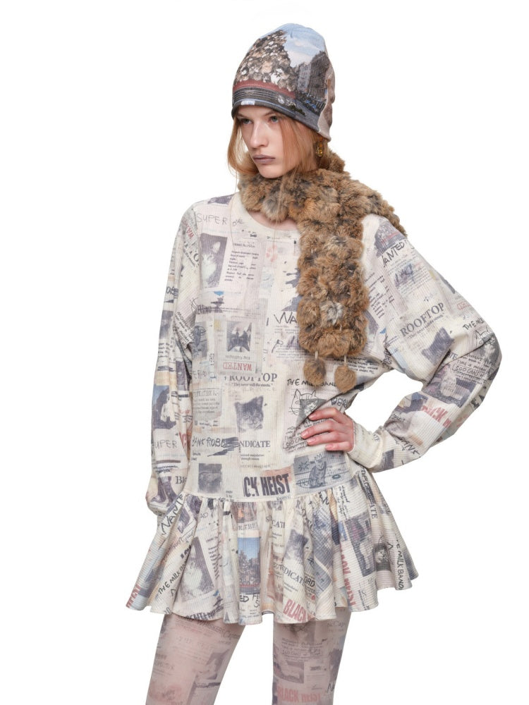 Cat Newspaper Full Print Waffle Ruffle Hem Long Sleeve Dress【s0000019020】