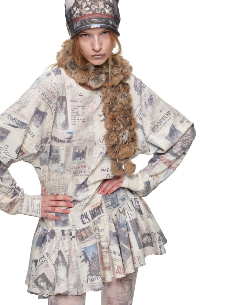 Cat Newspaper Full Print Waffle Ruffle Hem Long Sleeve Dress【s0000019020】