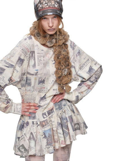Cat Newspaper Full Print Waffle Ruffle Hem Long Sleeve Dress【s0000019020】