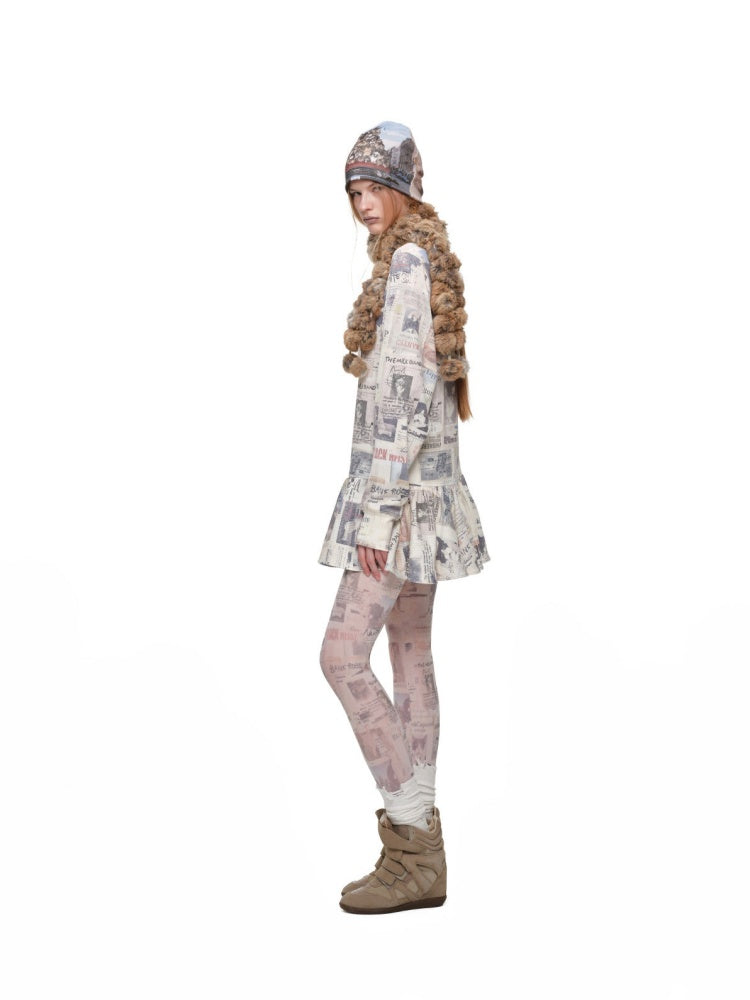 Cat Newspaper Full Print Waffle Ruffle Hem Long Sleeve Dress【s0000019020】
