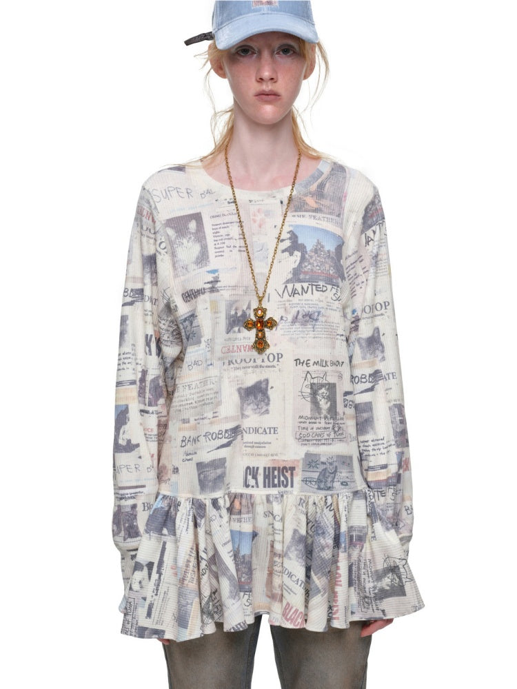 Cat Newspaper Full Print Waffle Ruffle Hem Long Sleeve Dress【s0000019020】