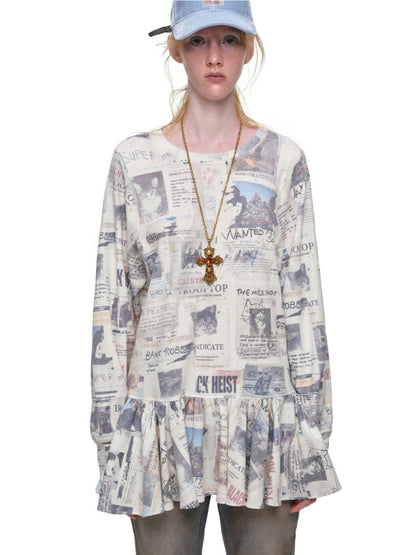 Cat Newspaper Full Print Waffle Ruffle Hem Long Sleeve Dress【s0000019020】
