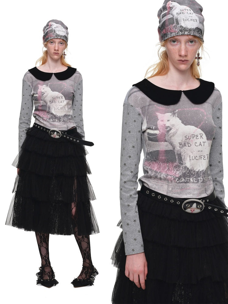 Cat Print Color-Block Waffle Doll Collar Slim Long-Sleeve T-Shirt【s0000019021】