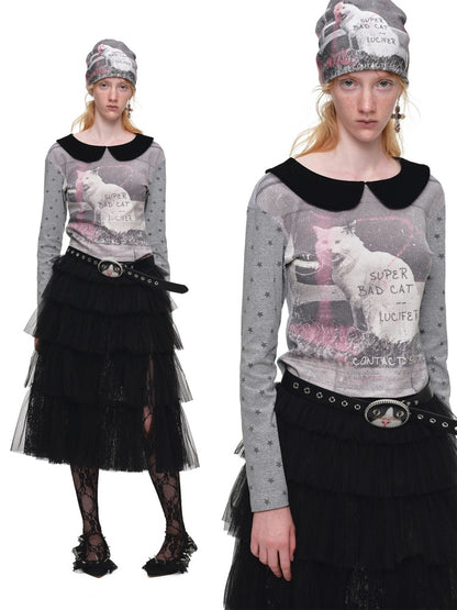 Cat Print Color-Block Waffle Doll Collar Slim Long-Sleeve T-Shirt【s0000019021】