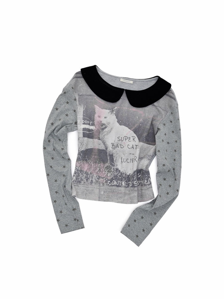 Cat Print Color-Block Waffle Doll Collar Slim Long-Sleeve T-Shirt【s0000019021】