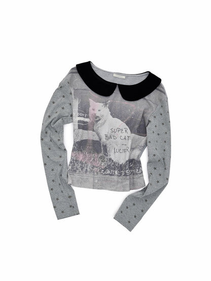 Cat Print Color-Block Waffle Doll Collar Slim Long-Sleeve T-Shirt【s0000019021】