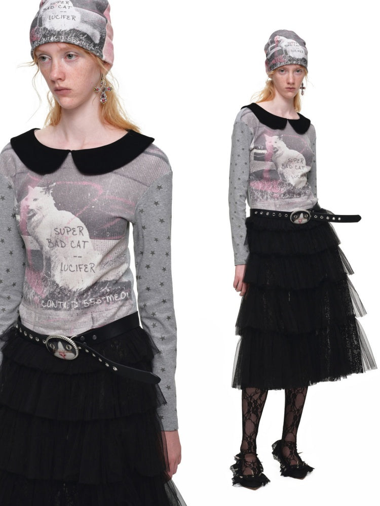 Cat Print Color-Block Waffle Doll Collar Slim Long-Sleeve T-Shirt【s0000019021】