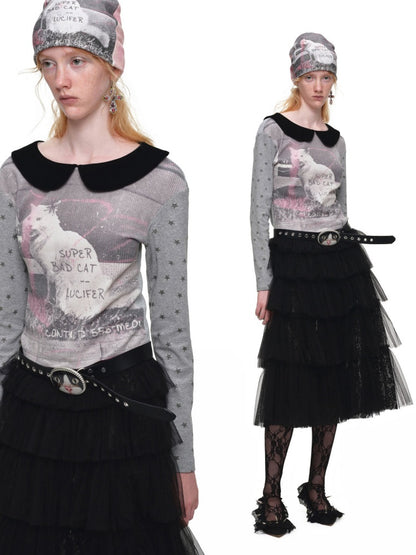 Cat Print Color-Block Waffle Doll Collar Slim Long-Sleeve T-Shirt【s0000019021】