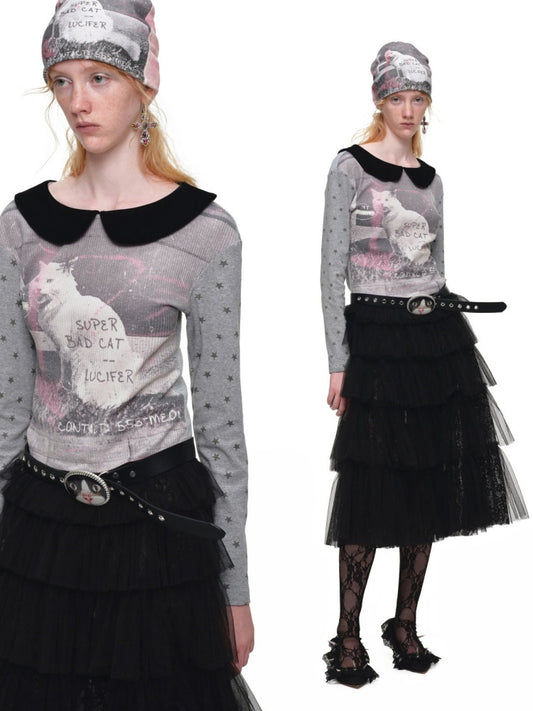 Cat Print Color-Block Waffle Doll Collar Slim Long-Sleeve T-Shirt【s0000019021】