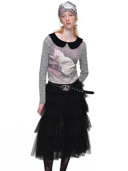 Cat Print Color-Block Waffle Doll Collar Slim Long-Sleeve T-Shirt【s0000019021】
