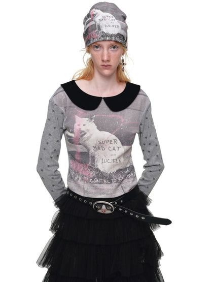 Cat Print Color-Block Waffle Doll Collar Slim Long-Sleeve T-Shirt【s0000019021】