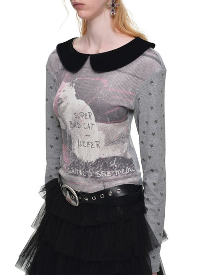 Cat Print Color-Block Waffle Doll Collar Slim Long-Sleeve T-Shirt【s0000019021】