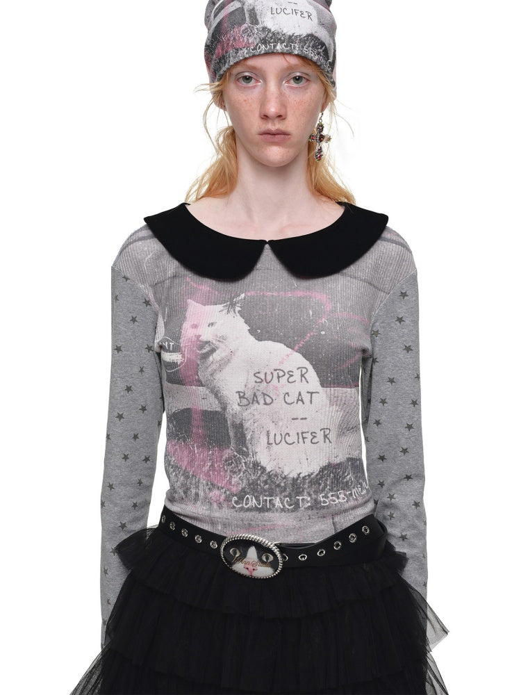 Cat Print Color-Block Waffle Doll Collar Slim Long-Sleeve T-Shirt【s0000019021】