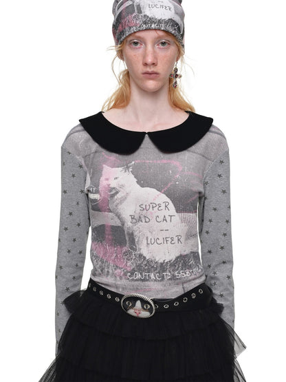 Cat Print Color-Block Waffle Doll Collar Slim Long-Sleeve T-Shirt【s0000019021】