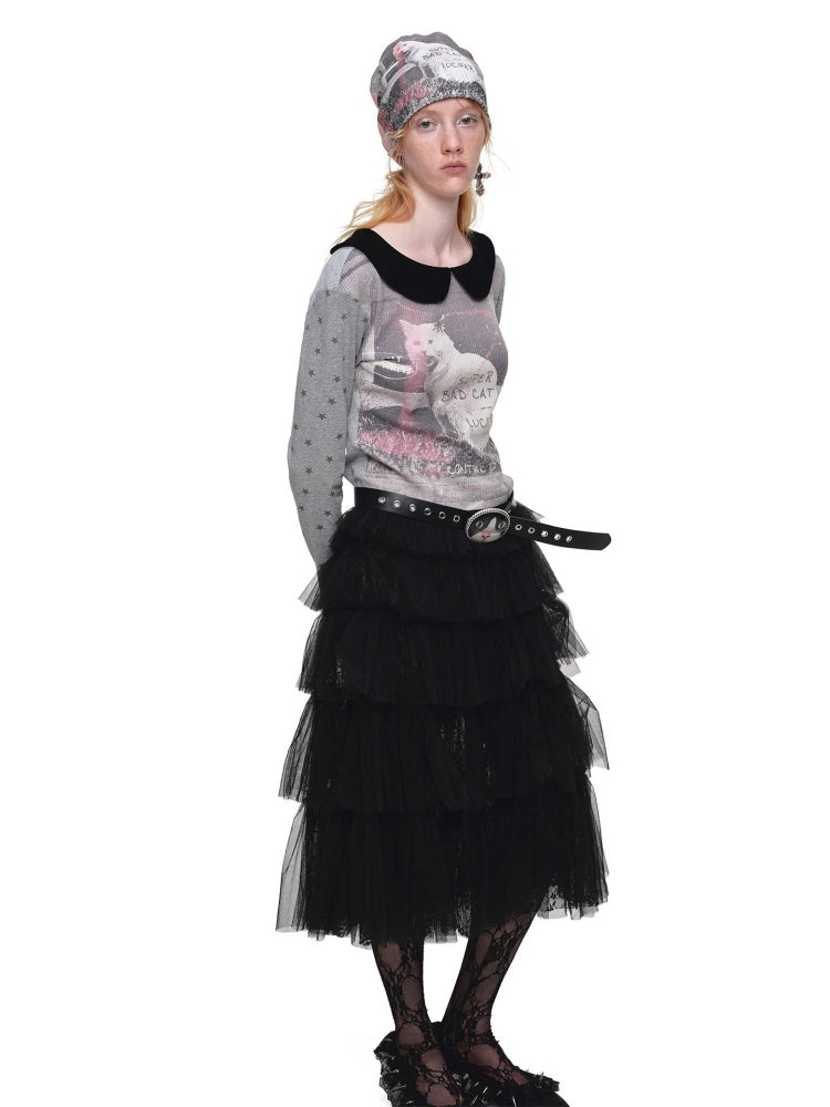 Cat Print Color-Block Waffle Doll Collar Slim Long-Sleeve T-Shirt【s0000019021】