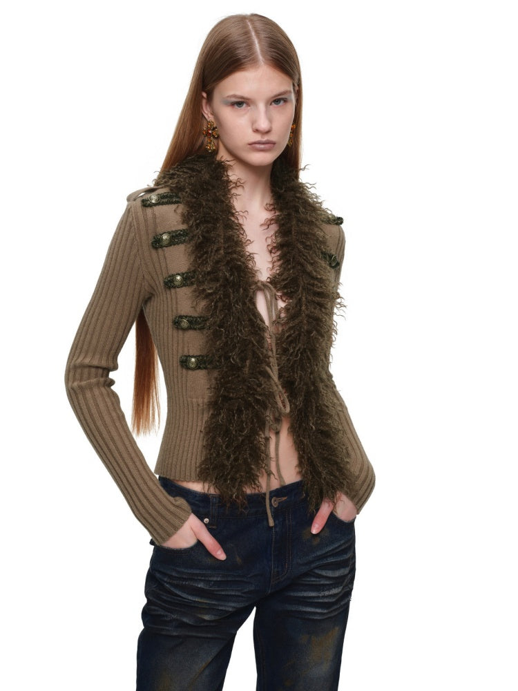 Vintage British Style Napoleon Patchwork Pitted Stripe Wool Collar Knit Cardigan【s0000019022】