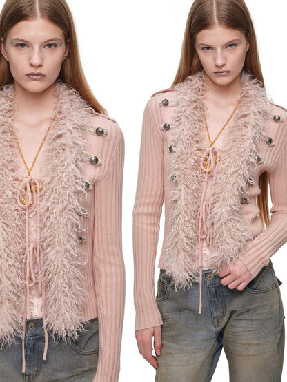 Vintage British Style Napoleon Patchwork Pitted Stripe Wool Collar Knit Cardigan【s0000019022】