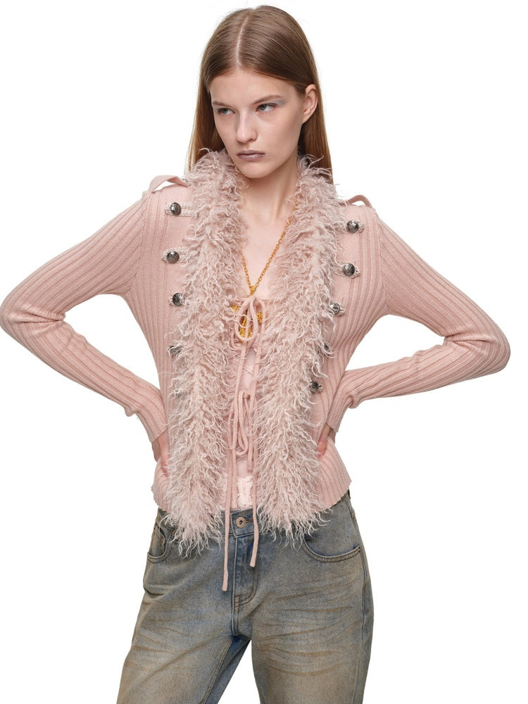 Vintage British Style Napoleon Patchwork Pitted Stripe Wool Collar Knit Cardigan【s0000019022】