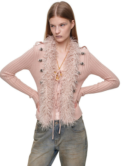 Vintage British Style Napoleon Patchwork Pitted Stripe Wool Collar Knit Cardigan【s0000019022】