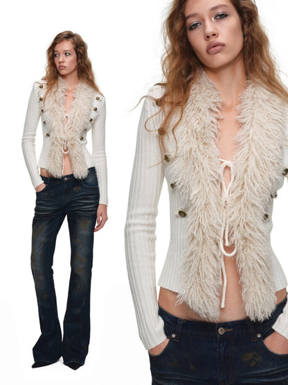 Vintage British Style Napoleon Patchwork Pitted Stripe Wool Collar Knit Cardigan【s0000019022】