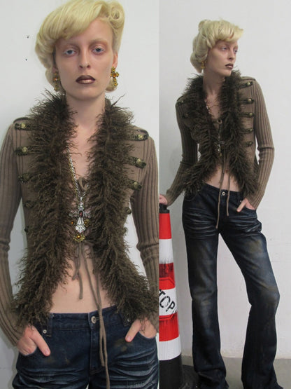 Vintage British Style Napoleon Patchwork Pitted Stripe Wool Collar Knit Cardigan【s0000019022】